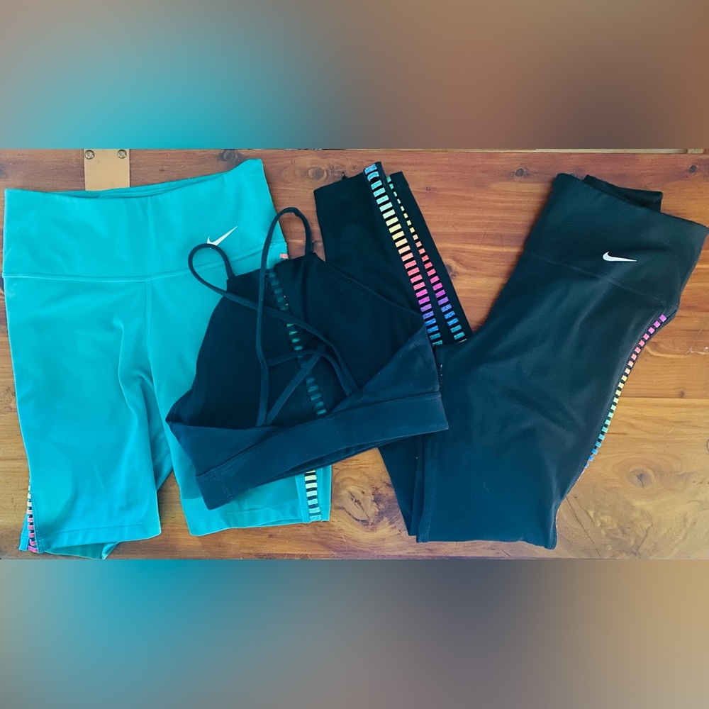 Nike Rainbow 7/8 Black Legging, Green Bike Short, & Sports Bra.  All Items XS